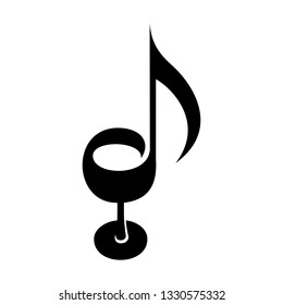 Wine glass as music note. Score of melody creative logo. Two notes play to taste symphony. Simple black icon of delicious drink idea for web or print design. Vector illustration of sommelier identity.