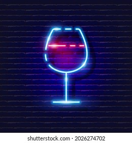 Wine glass neon sign. Party glowing icon. New Year and Christmas concept. Vector illustration for design.