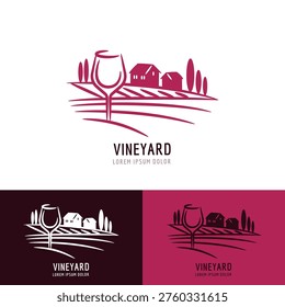 Wine glass on background of vine yard landscape and village. Logo icon sign emblem template. Vector illustration for winery shop. Label design element