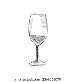 Wine glass on a white background. Black and white sketch. Vector