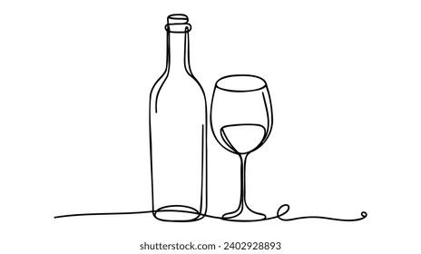 Vino y vidrio de vino de una línea dibuja ilustraciones vectoriales sobre fondo blanco.