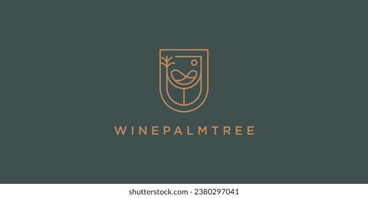 Wine Glass Palm Tree Logo Design with Outline Style. Beach Sunset Palm Tree Vector Illustration.