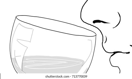 wine in glass and part of man's face with nose and mouth, wine tasting black and white vector sketch