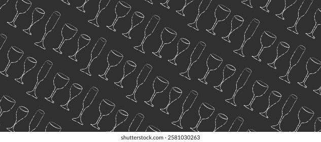 Wine glass pattern with doodle chalk drawing for dinner. Mediterranean vintage aesthetic with crayon line on black. Natural biodynamic beverage for panorama banner template. Cute club sketch