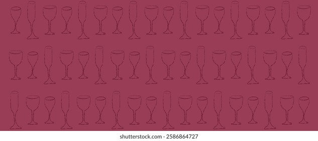 Wine glass pattern with doodle crayon drawing for dinner. Mediterranean vintage aesthetic with chalk style line. Natural biodynamic beverage for panorama print banner template. Cute club sketch