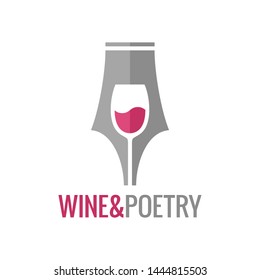 Wine glass pen concept. Wine and poetry logo on white background