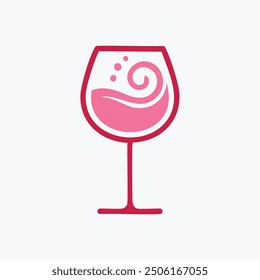 Wine glass with pink liquid design. A simple and stylish wine glass icon featuring a pink liquid with a swirl design inside.