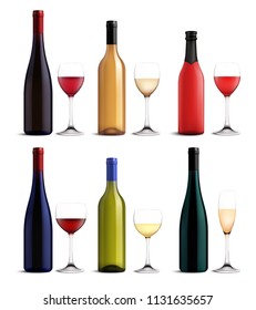 Wine and glass realistic set with red pinkand white wine isolated vector illustration