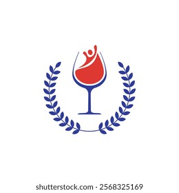 wine glass with a red liquid and a person-like figure inside, surrounded by blue laurel branches