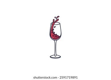 wine glass with red wine splash line art vector illustration