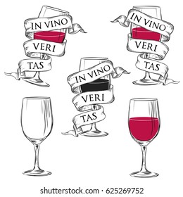 Wine glass with ribbon and slogan "in vino veritas" or "In Wine, Truth". Vector hand drawn illustration in vintage style