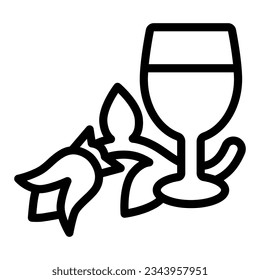 Wine glass and rose flower line icon, dating concept, romantic date vector sign on white background, outline style icon mobile concept web design. Vector graphics.