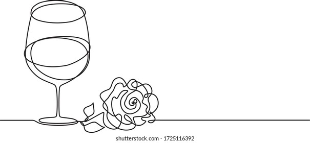 Wine glass and rose flower. Wedding. Vintage sketch. Pink champagne. Continuous line drawing