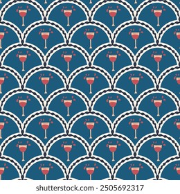 Wine glass scallop seamless pattern. Alcohol beverage arch repeat background. Drink retro endless design. Vector hand drawn flat illustration.