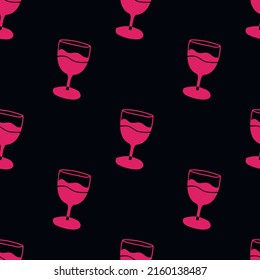 Wine glass seamless pattern, pink and black background, flat style