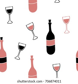 Wine and glass seamless pattern. Sketch style hand drawn illustration. 