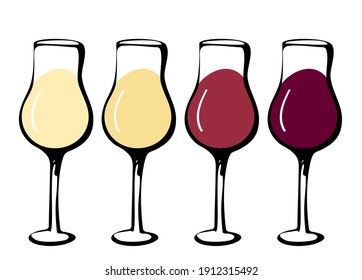 Wine glass set - collection of sketched doodle wineglasses. Hand drawn glass with red, white, orange and pink wine inside, isolated vector. Winery degustation testing.