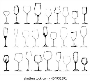 Wine glass set - collection of sketched wineglasses and silhouette