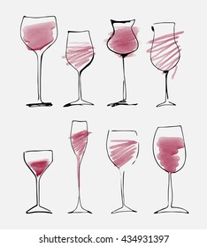 Wine glass set - collection of sketched watercolor wineglasses and glasses silhouette. Hand drawn glass with red wine inside, front view, isolated vector set, artistic watercolor and ink collection