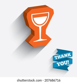 Wine glass sign icon. Alcohol drink symbol. White icon on orange 3D piece of wall. Carved in stone with long flat shadow. Vector