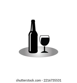 Wine glass sign. Liquor bottle logo. Bar. Flat minimalist design. white background Gray black vector. product brand service label banner board display. App icon.