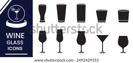 Wine Glass silhouette, Icon, vector set. Cocktail glass symbol vector, icon for web design, logo, app. Set of empty glasses. Vector illustration.