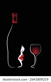 A wine glass sits near a wine bottle from which the profile of a woman emerges.