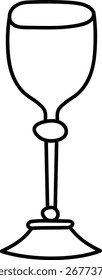 Ein Weinglas mit schlankem Schaft und abgerundeter Basis in einem klaren Linienziehstil. Das Glas ist in einer einfachen Kontur dargestellt, die seine elegante Form unterstreicht. Cartoon, Vektorgrafik.