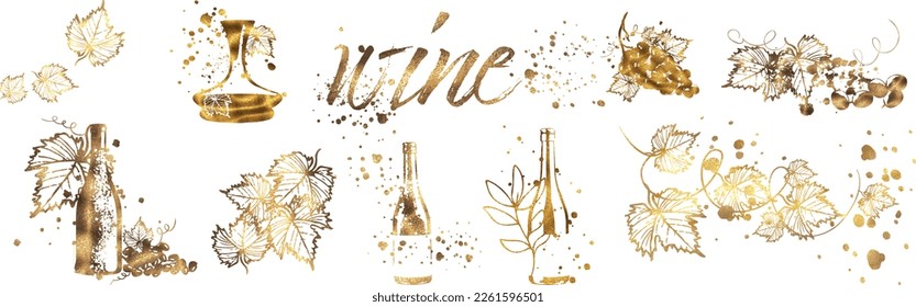 wine, glass, splash, alcohol, bottle, wine glass, drink, drink transparent, empty, restaurant, goblet, vine leaf, bunch of grapes, grape, leaf, object,icon,illustration,vector,graphic set,full isolate