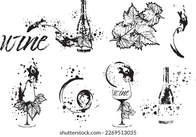 wine, glass, splash, alcohol, bottle, wine glass, drink, drink transparent, empty, restaurant, goblet, vine leaf, bunch of grapes, grape, leaf, object,icon,illustration,vector,graphic set,full isolate
