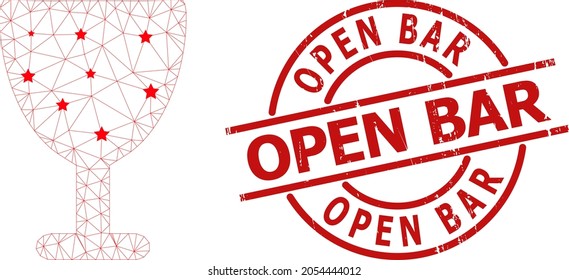 Wine glass star mesh network and grunge Open Bar seal stamp. Red watermark with rubber texture and Open Bar phrase inside round shape. Open Bar seal uses round form, red color.