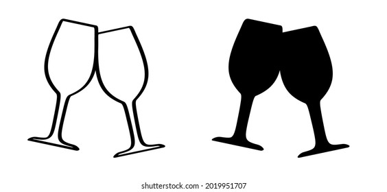 Wine glass symbol or wineglas icon. Cheers to life. Motivation and inspiration ideas. Set of two glasses for alcohol drink to salute or toast.  