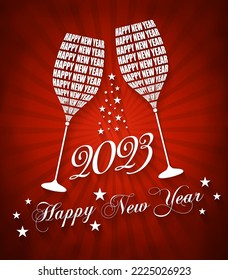 Wine Glass Toasting Illustration, Happy New Year, Year 2023 Vector Design on Red Background, Stylish Glass Design, Party Banner Design