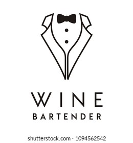 Wine Glass Tuxedo Suit Bow Tie for Luxury Bar Dinner Restaurant Waiter Bartender Logo design 