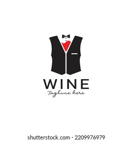 Wine Glass Tuxedo Suit Bow Tie For Luxury Bar Dinner Restaurant Waitress Bartender Logo Design, Vector Illustration