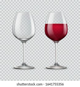 Wine glass. Two glasses empty and with red wine isolated on transparent background. Vector illustration
