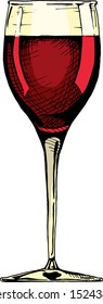 Wine glass. Vector color illustration of stemware in ink hand drawn style. isolated on white.