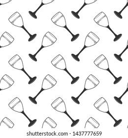 Wine glass. Vector concept in doodle and sketch style. Hand drawn illustration for printing on T-shirts, postcards. Seamless pattern for textile, paper wrap. Texture background.
