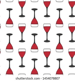Wine glass. Vector concept in doodle and sketch style. Hand drawn illustration for printing on T-shirts, postcards. Seamless pattern for textile, paper wrap. Texture background.