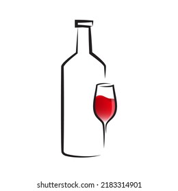 Icono vectorial de vidrio de vino con vino tinto y botella. Mano de cristal dibujada.