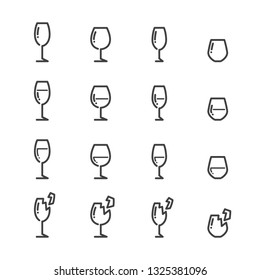 Wine Glass Vector Icon Set, Flat Thin Line Style. Glass Outline in Different Types.