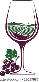 Wine glass with vineyard scene vector illustration on white background
