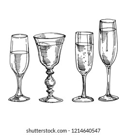 Wine glass vintage. Hand drawn line art, doodle sketch, black and white stock vector illustration