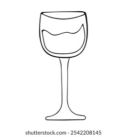 Wine glass with wave drink on tall thin stem. Table setting. Transparent glass in outline doodle style without filling. Hand drawing black line vector illustration isolated on white background.