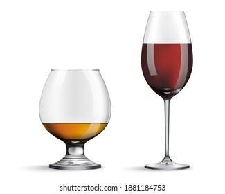 Wine glass and whiskey isolated on white background. Realistic glasses with wine and whiskey inside. Vector illustration.
