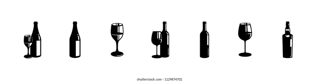 Wine and glasses, alcohol bottles vector illustration objects, icons set, collection