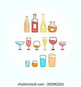 Wine glasses, beer glass, shot glasses, bottles of alcoholic drinks, ready to use icon set of different glasses, vector colorful design