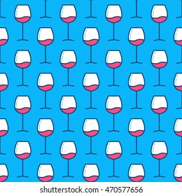 Wine glasses blue pattern. Vector creative colorful seamless texture made with glasses with red wine on blue background