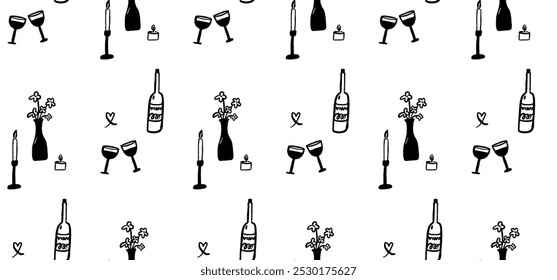 Wine glasses and bottle pattern, romantic date seamless background, candles, flowers in vase. Black and white drawing.