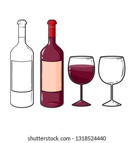 Wine glasses and bottle, vector line art sketch illustration isolated on white background